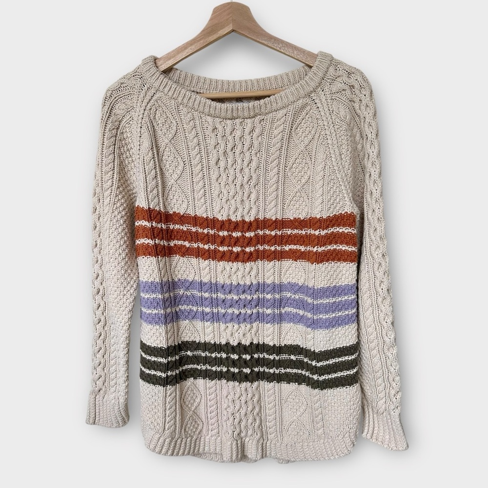 L.L. Bean Signature Cotton Cable Knit Striped Fisherman Sweater M Side Zip
